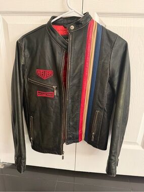 Tag Heuer GRAND PRIX Black Leather Jacket with Red, Blue & Racing Stripes XS